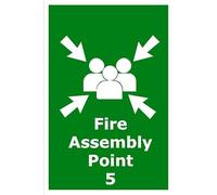 Fire Assembly Point 5 | 30cm x 20cm | Green - Vinyl Sign for Emergency Evacuation, Workplace Safety, Public Buildings, Compliance