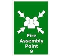 Fire Assembly Point 9 | 20cm x 15cm | Green - PVC Plastic Sign for Emergency Evacuation, Workplace Safety, Public Buildings, Compliance | UK-Made with Renewable Energy | Low Carbon Footprint