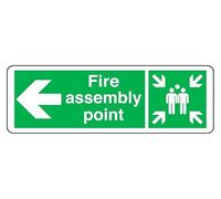 Fire Assembly Point arrow left - safety sign - 1.2mm Rigid plastic for indoor/outdoor usage (600mm x 200mm) Viewing Distance within 14m.