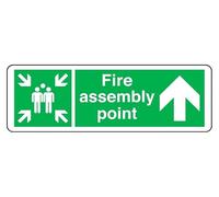 Fire Assembly Point arrow up - safety sign - 1.2mm Rigid plastic for indoor/outdoor usage (450mm x 150mm) Viewing Distance within 7m.