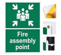 Fire Assembly Point Sign Outdoor | 40x30cm - 1mm Rigid Plastic | Muster Point Sign with 4 Pre-Drilled Holes and Self adhesive Backing