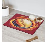 Fire Baseball Print Ball Pet Feeding Mat for Cat Dog Water Bowl Food Mats Pet Feeding Mats Absorbent Nti-Slip Contain Spills Protects Floors Placemat 43.1 x 76.2 cm