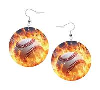 Fire Baseball Prints Leather Round Earrings Pendant Stylish And Light Lightweight Dangle For Women Girls, One Size, Leather, No Gemstone