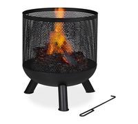 Relaxdays Fire Basket with Poker, Lattice Design, HxØ 53 x 44 cm, Log Burner for Garden & Terrace, Steel, Black