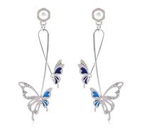 Fire beetle Silver Butterfly Earrings for Women Hollow Wings Long Dangle Cross Couple Butterfly Earrings Drop Rhinestone Elegant Fairy Statement Earrings Insect Party Summer Jewelry Gift for Girls