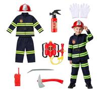 Fire Brigade Costume Children 10 Pieces, Firefighter Costume Children with Gloves, Fire Brigade Costume Children for Boys Girls Halloween Carnival Fancy Dress Fire Chief Cosplay (Blue, 120 cm (6-7
