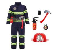 Fire Brigade Costume For Kids - Complete Firefighter Outfit With Helmet, Extinguisher & Axe | Carnival & Halloween Dress-Up Costume For Children Ages 3-9, Role Play Pretend Play Set