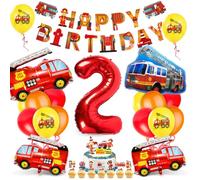 Fire Brigade Decoration Birthday Decoration 2 Years Boy, Fire Engine Children's Birthday Balloon, Fireman Foil Balloons, Party Flame Cake Decoration Banner and Sticker for 2 Years Boys