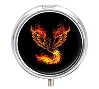 Fire Burning Phoenix Bird with Wings on Black Iron Pill Box Case Organizer with Internal Separate Plastic Dividers, Travel Small Medicine Bag Holder Carrier Round Container