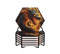 Fire Chinese Dragon Coasters Set of 6 Ceramic Coaster with Holder Absorbent Coasters for Drinks Heat Resistant Coffee Table Coasters Cup Pad for Kitchen Office Home Decoration