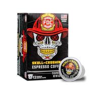 Fire Department Coffee - Gives Back Firefighters - Skull Crushing Espresso Coffee Pods - Full-bodied and Strong - Roasted in the USA - Premium Espresso K Cups - Veteran Owned - 12