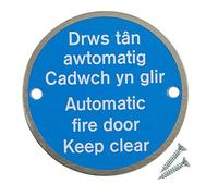 Fire Door Guru® Welsh Automatic Fire Door Keep Clear Sign - 76mm Disc - Stainless Steel - Bi-Lingual Safety Sign - Fixings Included