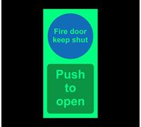 Fire door keep shut push to to open Safety sign - 200mm x 100mm 1.2mm Photoluminescent rigid plastic with self adhesive backing