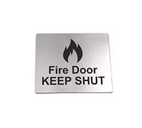 Fire Door Keep Shut Sign Adhesive Sticker Notice, Metallic Silver Engraved Black with Universal Icon Symbol and Text (Size 12cm x 10cm)