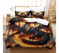 Fire-dragon-art 2 Piece Soft Polyester Easy Care Fantasy-dragon-style Duvet Cover Set, 1 Pillow Case, Concealed Zip, All Age Groups, Bedroom Decor Breathable Cosy Durable Single（135x200cm）