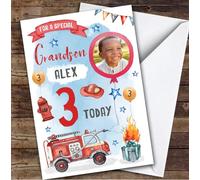 Fire Engine Digger Photo Grandson 3rd Boys Personalised Birthday Card - Personalised Birthday Greeting Card for Kids, Custom Birthday Card