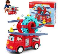 fire engine toy with duck slide,fire engine duck slide toy car,Animals Stair Climbing Toy,Electric Track Slide Assembly Design,fire truck with duck slide with Music Light for Boys Girls-A