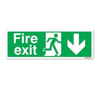 Fire Exit Arrow Down Sign - Landscape - Self adhesive vinyl sticker 300mm x 100mm - Pack of 5