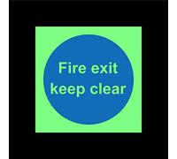 Fire exit keep clear Door safety sign - 100mm x 100mm 1.2mm Photoluminescent glow in the dark rigid plastic with self adhesive backing