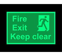 Fire exit keep clear safety sign - 300mm x 200mm 1.2mm Photoluminescent rigid plastic with self adhesive backing