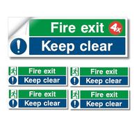 Fire Exit Keep Clear, Safety Signs, Self Adhesive Vinyl 4Pcs, Waterproof Decals Set, (BS-5499) compliant, 300mm x 100mm, Door Signs, for Indoor Outdoor Use - Made In UK by PrintKings