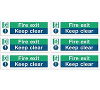 Fire Exit Keep Clear Sign - Multipack 1/2/3/6/12 - Safety Signs - 30x10cm Self Adhesive Vinyl Sticker, Easy Application Fire Door Emergency Exit Signage (6)