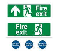 Fire Exit Sign Arrow Up (1+1+3) - PVC Rigid Plastic with Self-Adhesive Backing - Landscape - 300mm x 100mm, 1 x fire exit with no arrow (Sticker), 3 x fire door keep shut