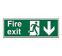 Seco Fire Exit - Fire Exit, Man Running Right, Arrow Pointing Down Sign, 300mm x 100mm - Photoluminescent Self Adhesive Vinyl