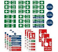 Fire Exit Sign Kit 30pcs, Self-Adhesive Vinyl Fire Safety Signs Set with Fire Action, Exit Keep Clear, Fire Door Keep Shut, Alarm Call Point & Extinguisher Stickers, UV Resistant Matte Indoor Outdoor