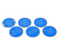 Fire Exit Signs, Disc, Door Signage, Satin Stainless Steel, Blue & Natural text (Fire Escape Keep Clear - Drilled & Countersunk)