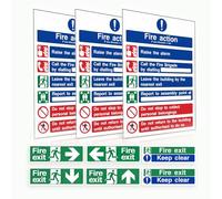 Fire Exit Signs Pack of 9 - Fire Action Notice Sign - 1mm Rigid Plastic - 300x200mm, Fire Exit Keep Clear - Self Adhesive Vinyl - Emergency Exit Signs for UK Workplaces - Happy Quokka
