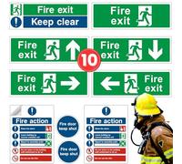 Fire exit signs Self Adhesive kit 10 pack Waterproof Mixed Set Decals Fire Exit & Door Signs, Action Notice, Fire Door Signs for Indoor Outdoor Use. Made in UK Print Kings