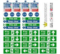 Fire Exit Signs Self Adhesive Vinyl 26pcs, Waterproof Mixed Set Decals Fire Exit & Door Signs, Action Notice, Fire Door Signs for Indoor Outdoor Use. Made in UK Print Kings