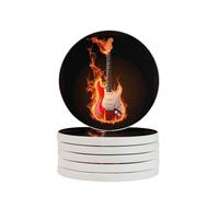 Fire Flame Guitar Coasters Set of 2 Music Absorbent Diatomite Coasters Quick Dry Cup Mat for Drinks Round Mugs Pad for Table Bar Home Decor