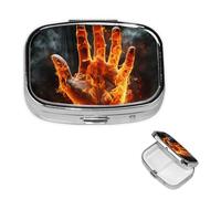 Fire Flame Hand Pill Case with Mirror Retro 2 Compartment Pill Box Small Pill Organizer for Purse or Pocket Decorative Metal Medicine Vitamin Organizer Unique Gifts
