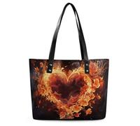 Fire Flowers And Heart Leather Tote Bag for Women Work Shoulder Purses with Zipper Waterproof Large Computer Shoulder Bag Fashion Ladies Shoulder Handbag Reusable Shopping Bags