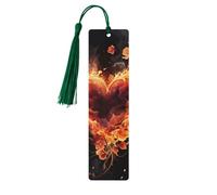 Fire Flowers and Heart Wooden Bookmarks 5 Pcs,Handmade Double-Sided Printed Book Marks Page Markers with Dark Green Tassels Book Accessories Gift for Book Lovers Women Men