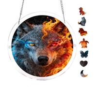 Fire Frost Wolf 7.8x7.8Inch Acrylic Hanging Puzzle Suncatcher, Crystal Fantasy Window Decor Wall Art Ornament, Home Decoration Gift