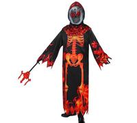 Fire Grim Reaper Costume Kids Boys, Halloween Devil Skeleton Hooded Cape with Gloves Skull Face Mask Halloween Red Pitchfork Reaper Robe Halloween Party Dress Up Outfit Cloak Cosplay (S)