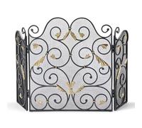 Fire Guard Screen Floor Standing Iron Metal Fireplace Screen Partition Three Fold Fireproof Fence with Golden Carving Fire Screen Spark Guard Arched