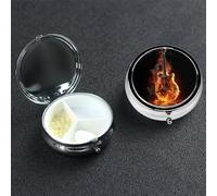 Fire Guitar Pill Box 3 Compartment Pill Case for Purse or Pocket Small Medicine Organizer with Mirror Travel Pillbox Decorative Metal Vitamin Container Unique Gift