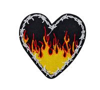 Fire Heart Embroidered Patch Rock Metal Sew Iron Badge Gothic Flames Hell Biker Gift Jacket Bag Punk Applique Barbed Wire Goth Gothic Emo Horror Scary Fiery Death Satan Bike Flaming