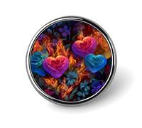 Fire Heart with Flowers Roses Round Brooch for Men Women Fashion Badge Collar Pin Dress Jacket Backpack Accessories