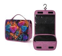 Fire Heart with Flowers Roses Travel Toiletry Bag for Women,Hanging Makeup Organizer with Hook for Shampoo