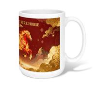 Fire Horse Ceramic Coffee Mug, Festive Traditional Clouds Mountains Chinese New Year Red Novelty Tea Cup with Handle Gift for Friends Family Co-Worker Lovers Eldership Senior 15 Oz