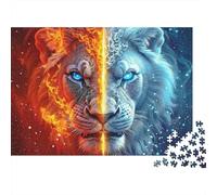 Fire Ice Lion Face 1000pc Jigsaw Puzzle Adults Fire Ice Lions Split Premium Thick Sturdy Vibrant Challenging Stress Relief Gift 52x38cm/1000pcs