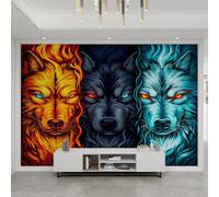 Fire Ice Wolf Wall Mural Fantasy Wolves Mural Wild Ferocious Animals Murals Not Peel and Stick Wallpaper for Game Room Living Room Bedroom Bathroom 400 x 280 cm