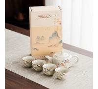 Fire Kirin Mini Ceramic Teapot Set - 1 Teapot (135ml) & 4 Teacups (35ml) Small Ceramic Kung Fu Tea Set with Floral & Bird Patterns, Portable Tea Gift Set for Home and Office (Orange)