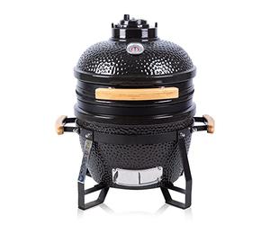 Fire Mountain 15 Inch Mini Ceramic Kamado BBQ Grill, Egg Style Charcoal Smoker with Stand, Built-In Thermometer & Adjustable Vents, Includes Fitted Cover, Black