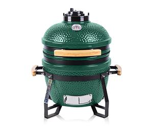 Fire Mountain 15 Inch Mini Ceramic Kamado BBQ Grill, Portable Egg Style Charcoal Barbecue with Stand, Built-In Thermometer & Adjustable Vents, Includes Fitted Cover, Green